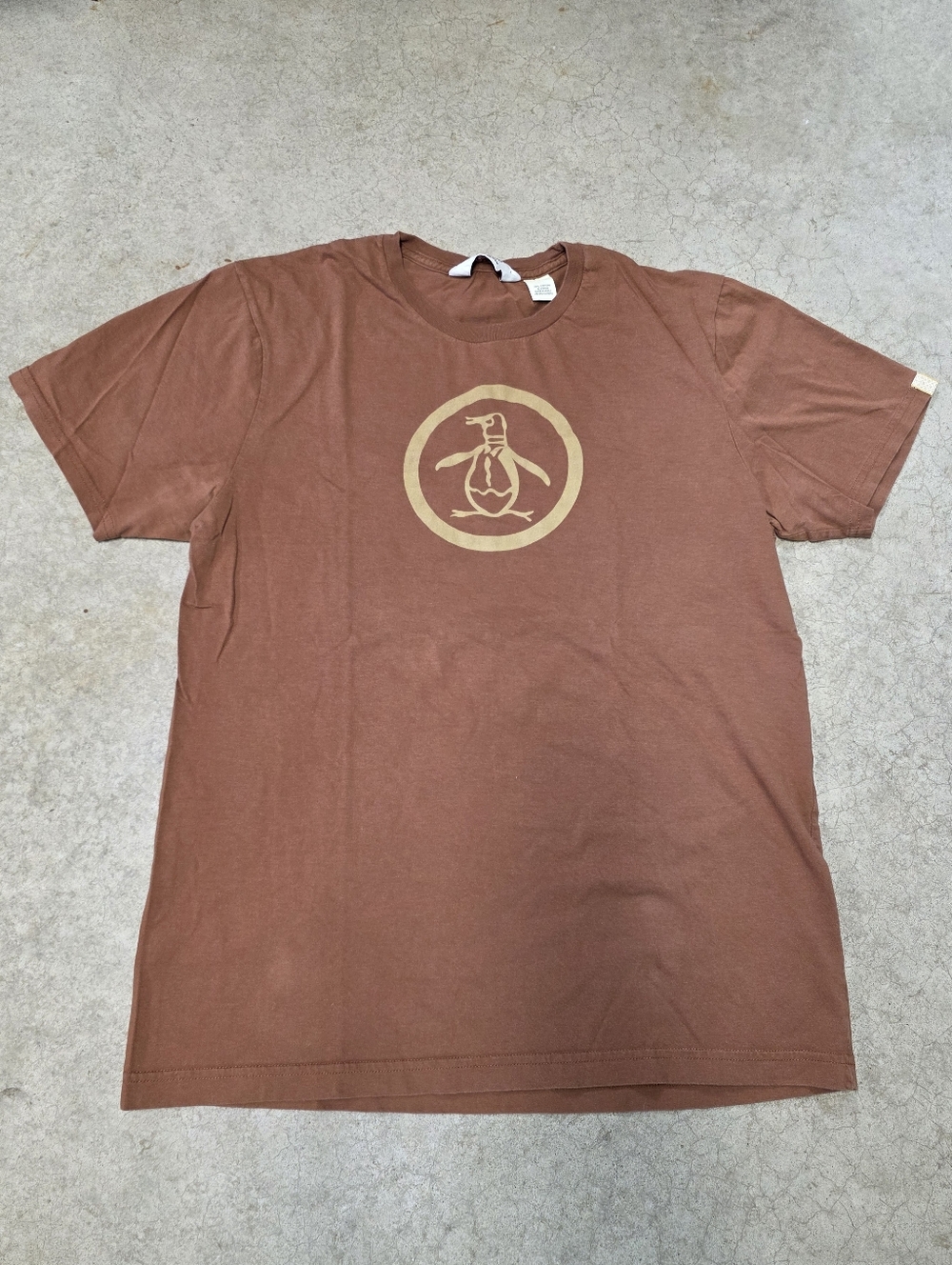 Original Penguin Brown Tee with Tan Penguin Emblem Mens Large